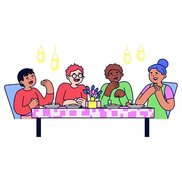 A group of four friends is sitting around a rectangular dining table covered with a checkered tablecloth. Each friend has a plate of food in front of them. One friend, with short black hair, is leaning back in their chair, holding their stomach while laughing. Another friend, with curly brown hair, is wiping away tears of laughter from their eyes. The third friend, with glasses and a bright red shirt, has their mouth open in mid-laugh, while the last friend, wearing a green dress, is giggling softly, covering their mouth with one hand. The background is filled with soft, warm lighting from overhead candles and a vase of flowers on the table.