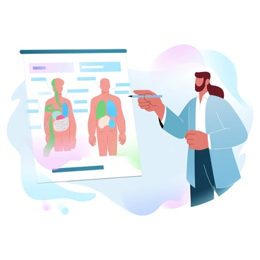 A tutor stands next to a detailed anatomy diagram, pointing at specific parts with a pen. The diagram features various labeled organs and systems in vibrant colors. Behind the tutor, a life-size model of the human body is displayed, showcasing accurate anatomical structures. The model is positioned against a smooth backdrop to ensure focus on both the diagram and the model. The setting is well-lit, emphasizing the educational atmosphere.