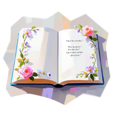 A poetry book features neat margins adorned with delicate floral designs and intertwining vines. The flowers include soft pink roses, subtle lavender blooms, and tiny white daisies, each intricately detailed. The vines gracefully weave around the edges, their leaves varying in shades of green, complementing the floral patterns. The overall arrangement creates an elegant and refined border that frames the text within the book, enhancing its poetic nature.