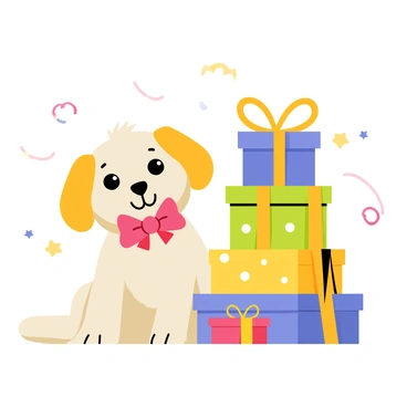 A cute puppy with fluffy golden fur and big brown eyes is sitting beside a tall stack of colorful presents. The puppy is wearing a large red bow around its neck, which contrasts with its fur. The stack of presents includes a blue box with yellow ribbons, a green box with polka dots, and a small red box with a gold bow. The background has soft, whimsical elements like stars and ribbons floating around.