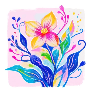 A flower with a design that features an organic shape mimicking natural elements is depicted. Its petals resemble the texture and pattern of leaves, showcasing intricate details. Winding vines curl gently around the base of the flower, adding a sense of movement. The color palette includes vibrant greens, deep blues, and soft yellows, enhancing the natural feel of the composition. The flower is placed against a neutral background to emphasize its form and colors.