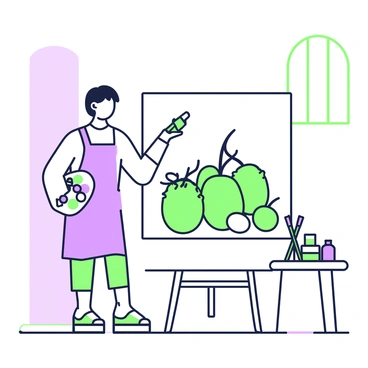 An artist is standing in front of a large canvas, focusing intently on their work. The artist is wearing a smock and holding a brush in their right hand while a palette filled with paint colors is in their left hand. On the easel, there is a still life composition featuring several jackfruits, with their distinctive green spiky texture, arranged alongside a variety of other fruits. A small table nearby holds additional paint tubes and brushes, while a soft light illuminates the scene from a nearby window. The background includes a simple wall that enhances the focus on the artist and the jackfruits.