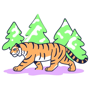 A Siberian tiger is walking gracefully through a snow-covered forest. Its fur is thick and features distinct black stripes on an orange coat. Tall evergreen trees stand majestically in the background, their branches heavy with snow. The ground is blanketed in a fresh layer of white snow, with paw prints trailing behind the tiger. The atmosphere is tranquil, with soft light filtering through the trees, highlighting the scene. The tiger's piercing eyes scan the surroundings as it moves with a powerful yet elegant stride.