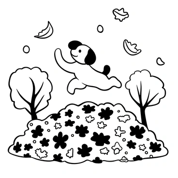 A playful puppy with a fluffy coat is leaping into a large pile of autumn leaves. The leaves are various shapes and sizes, scattered all around in a chaotic yet inviting manner. Some leaves are caught mid-air as the puppy jumps, creating a dynamic scene. The background features a few trees with sparse branches, hinting at the season's transition. The ground is covered with a thick layer of fallen foliage, enhancing the sense of playfulness in the scene.