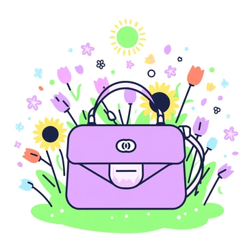 A Chanel bag is placed centrally in the image, representing the four seasons. In the spring section, blooming flowers such as tulips and daisies surround the bag, with a soft green grass base. The summer section features vibrant sunflowers and a bright sun above. In the autumn section, falling leaves in various shapes and sizes drift around the bag, painted in shades of orange and brown. Finally, the winter section shows the bag surrounded by delicate snowflakes and a light dusting of snow on the ground, evoking a chilly atmosphere. Each seasonal section is clearly differentiated, creating a harmonious composition that highlights the unique motifs of each time of year.