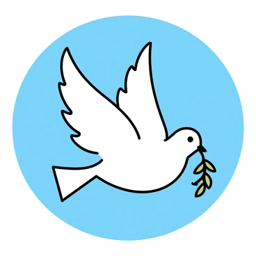 A white dove holding an olive branch in its beak against a clear blue sky