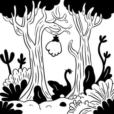 A conch shell hanging from the branch of a tree in a mystical forest. The tree has thick, twisted trunks and long, sprawling branches. Surrounding the tree are various fantastical plants with unusual shapes and forms, with ferns and large leaves adding to the dense undergrowth. The ground is covered in a layer of soft moss and scattered stones. Light beams filter through the canopy, illuminating the conch shell, which appears as if it is a ripe fruit.