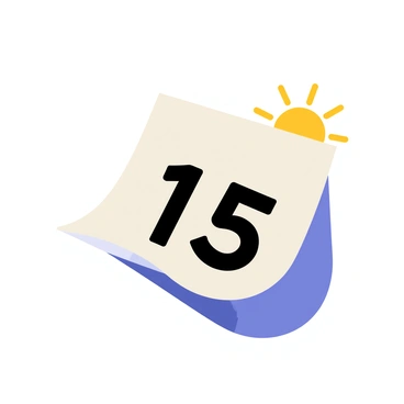 A close-up of a calendar page with a white background featuring the date "15" prominently displayed in bold black numbers. The page is in the process of flipping over, creating a motion effect. Above the calendar page, there is a bright yellow sun illustration with rays extending outward, casting a cheerful glow. The edges of the calendar are slightly curled, emphasizing the turning action.