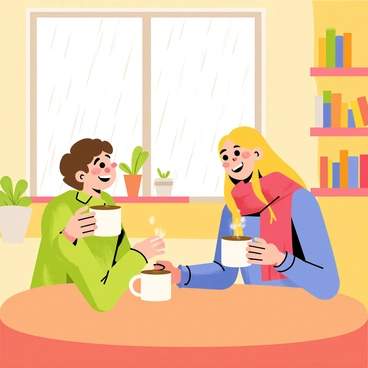 Two friends sitting at a round wooden table inside a cozy cafe. One friend has short brown hair and is wearing a green sweater, while the other has long blonde hair and is dressed in a red scarf. They are both holding steaming cups of coffee with joyful expressions on their faces. Outside the window, rain pours down, creating a blurred effect on the glass. The cafe has warm lighting, with shelves lined with books and potted plants in the background.