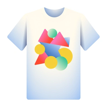 A white t-shirt is displayed prominently, featuring an abstract design composed of various colorful geometric shapes. The design includes vibrant triangles in shades of red and blue, along with circular shapes in yellow and green. Some shapes overlap, creating a sense of depth and movement. The t-shirt is neatly folded, showcasing the vivid colors against the clean, bright background of the fabric. The collar and sleeves of the t-shirt are visible, emphasizing its casual style.