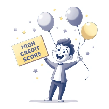 An animated character with a joyful expression is standing in a celebratory pose. The character has exaggerated features, with wide eyes and a big smile. Around them, colorful balloons are floating in the air, some shaped like stars, while confetti is falling around. The character is holding a large golden sign that reads "High Credit Score" in bold letters. The scene conveys a festive atmosphere, filled with excitement and happiness.
