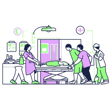 A busy emergency room filled with medical personnel responding to a crisis. In the center, a doctor in scrubs is focused on a patient on a gurney, while a nurse beside him is holding medical instruments. Another nurse is coordinating with a paramedic as they push a stretcher through the doorway. The room is equipped with medical equipment, such as monitors, IV stands, and a large light fixture overhead. Various medical charts are visible on the walls, and there are supplies organized on nearby countertops. A sense of urgency is apparent in the actions of the staff as they work to provide care.