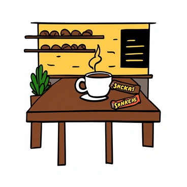 A cozy coffee shop scene with a Snickers bar placed beside a steaming cup of coffee.