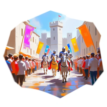 A majestic royal procession moves through a bustling medieval city, filled with cobblestone streets and stone buildings. Colorful banners flutter in the wind, displaying intricate designs and symbols of the kingdom. A group of noble knights on horseback leads the parade, clad in shining armor. Musicians follow closely, playing fanfare on golden trumpets. The streets are lined with townsfolk who watch in awe, their faces filled with excitement and admiration. In the background, the towering castle stands majestically, overseeing the celebration.