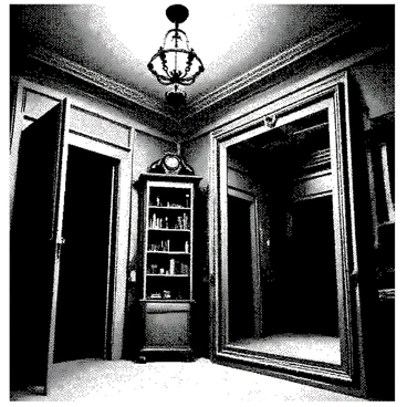An illustration shows a grand mansion interior filled with hidden doors and secret passageways. The architecture features intricate woodwork and elaborate moldings on the walls. A large ornate chandelier hangs from the ceiling, casting shadows over the darkened corners of the room. Hidden behind a bookshelf, a concealed door is slightly ajar, hinting at a narrow passageway beyond. Another passageway is revealed behind a large, decorative mirror, suggesting mystery. Dim lighting enhances the eerie atmosphere as subtle details like cobwebs and dust linger, indicating that these secrets have been undisturbed for some time.