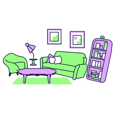 A living room setting featuring a variety of mismatched furniture that appears tilted at odd angles. To the left, there is a green armchair with curved legs, juxtaposed with a purple coffee table that has an asymmetrical shape. Across from it, a green sofa with angular cushions leans slightly to the right, while a purple bookshelf stands at a diagonal, cluttered with books and decorative items. A green rug sprawls across the floor, and a purple lamp with an unusual design sits on a corner table, casting soft light around the room. The walls are adorned with mismatched artwork, enhancing the eclectic atmosphere of the space.
