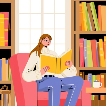 A young woman with long, flowing brown hair sits in a comfortable armchair by a large window. She is wearing a warm, knitted sweater and reading a thick book with a golden cover. The cozy library around her is filled with tall wooden bookshelves stacked with ancient books in various shades of worn leather. Soft sunlight streams through the window, casting a warm glow on the woman and the pages of her book. A small wooden table beside her holds a steaming cup of tea and a pair of reading glasses.