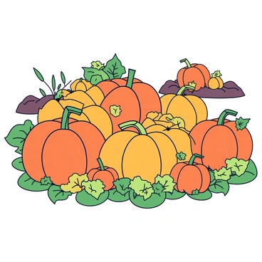 A pumpkin patch filled with pumpkins of different sizes and shapes. There are large, round pumpkins with smooth orange skin, medium-sized pumpkins that are slightly ribbed, and small, elongated pumpkins that have a deep orange hue. The ground is covered with green vines and leaves, while a few pumpkins have their stems still attached. In the background, there are patches of dirt and additional pumpkin plants.
