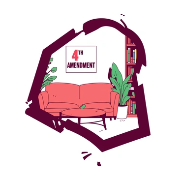 A close-up view of a keyhole reveals a living room scene. Through the keyhole, a cozy living room is visible, with a stylish sofa placed against the wall and a coffee table in front of it. On the wall behind the sofa, there is a prominent sign that reads "4th Amendment" in bold letters. The room is decorated with houseplants that add greenery to the space. A warm light illuminates the room, highlighting the inviting atmosphere. A bookshelf filled with colorful spines is also visible in the corner of the room.