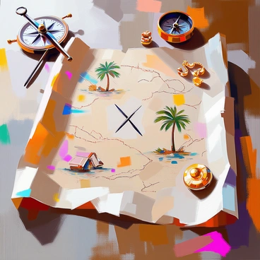 A pirate treasure map made from crumpled and stained tissue paper is laid out on a weathered wooden surface. The map shows detailed, hand-drawn illustrations including an "X" marking the treasure location amid winding paths and tropical islands. The edges of the paper are frayed, and various stains and smudges add character, hinting at adventures long past. In the background, a rusted compass and a piece of broken gold jewelry are partially visible, suggesting the allure of hidden riches.