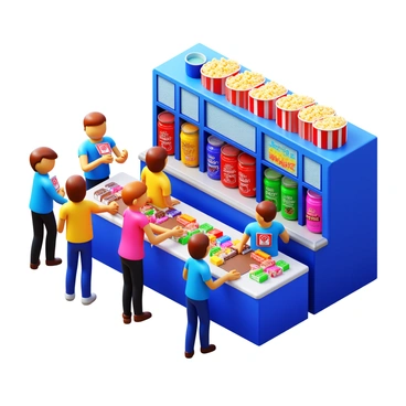 A busy cinema concession stand filled with various colorful candies and sodas. The stand features bright and eye-catching packaging for popcorn in large tubs, with different flavors like butter and cheese. There are vibrant boxes of candy, including gummies, chocolate bars, and sour treats, neatly arranged on the counter. Multiple soda machines display a variety of soft drink options with colorful labels. Customers are waiting in line, some holding their selections, while others eagerly decide on their treats. The atmosphere is lively, with the sounds of chatter and the smell of popcorn filling the air.