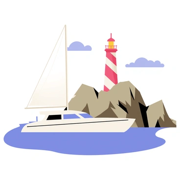 A sleek white yacht gliding through blue waters, leaving a gentle wake behind it. The yacht has a tall mast and elegant sails catching the breeze. In the background, a tall lighthouse stands proudly on a rugged rocky coastline, painted in bright red and white stripes. The lighthouse has a shining light at the top, casting a warm glow. Surrounding the lighthouse, jagged rocks jut out into the sea, creating a dramatic shoreline. The sky above is a clear blue with a few fluffy white clouds dotting the scene.