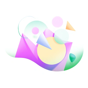 A modern pastel illustration featuring a collection of overlapping geometric shapes, including triangles, circles, and squares. The shapes are displayed in various pastel colors such as soft pink, light blue, and gentle yellow. The lines defining the shapes are smooth and fluid, creating a sense of movement and dynamism. The arrangement of these shapes forms an intricate pattern, with some shapes partially concealing others, adding depth to the composition.