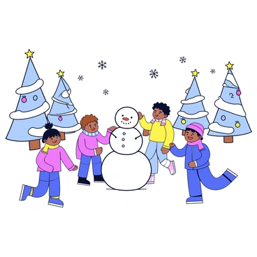 A group of children is happily building a snowman in a snowy town square. The snowman has a round body made of compacted snow, with a carrot for a nose and buttons made of small stones. Nearby, several decorated trees are covered in snow, each adorned with colorful ornaments and twinkling lights. The town square is bustling with activity, and gentle snowflakes are falling from the sky, creating a whimsical winter atmosphere.