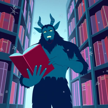 Krampus browsing through an old library filled with leather-bound books
