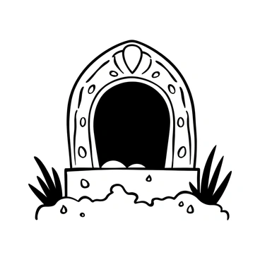 An empty tomb outlined in stone, with intricate carvings on its surface. The tomb is partially obscured by "mystical mist" that envelops its base, creating an ethereal atmosphere. Around the tomb, blades of grass are adorned with "dew" droplets that glisten in the soft light. The scene is quiet, with shadows cast by the tomb and mist, enhancing the mysterious ambiance of the setting.