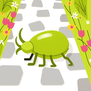 A "Hercules beetle" with a shiny green body and prominent horns crawls along a "garden path" made of irregular gray stones. Surrounding the path are various colorful flowers, including red tulips and yellow daisies, swaying gently in the breeze. Lush green leaves and shrubs frame the sides of the path, adding a vibrant touch to the scene. The sunlight casts soft shadows, highlighting the textures of the beetle's exoskeleton and the stones beneath it.