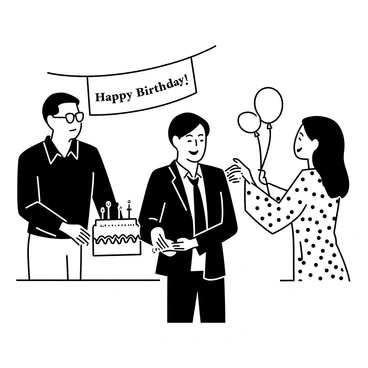A real estate agent standing in an office, surrounded by colleagues, is celebrating their birthday. The agent has short, neatly styled hair and is wearing a tailored suit. The colleagues, a man with glasses in a dark shirt and a woman with long hair in a patterned blouse, are smiling and holding a large cake with candles on a table. Balloons and a "Happy Birthday" banner are hanging in the background. The room is filled with cheerful expressions as they prepare to sing.