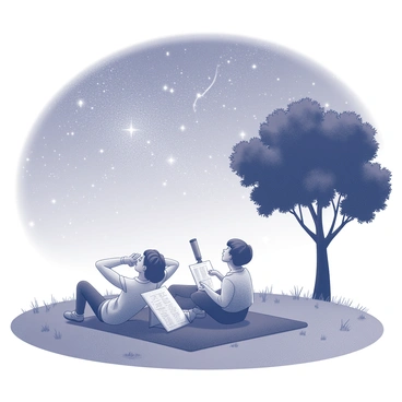 A group of three friends is lying on a grassy field, gazing up at the night sky. Their silhouettes are outlined against the backdrop of a clear sky filled with countless twinkling stars. One friend has their hands behind their head, pointing at a constellation. Another friend is sitting up, looking through a small telescope, while the third is lying beside them, holding a star chart. The ground is dotted with patches of grass, and a large tree stands in the background, silhouetted against the night sky.