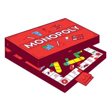 A red retro Monopoly game box features classic design elements on its cover. The box's front showcases the iconic Monopoly logo in bold white letters, surrounded by illustrations of various properties and tokens, all rendered in a duotone style. The sides of the box are adorned with illustrations of the game pieces, such as the thimble and racecar, alongside colorful graphics of money and houses. The box is slightly opened, revealing glimpses of game cards and a colorful game board inside, all set against a simple background that emphasizes the nostalgic charm of the Monopoly game.