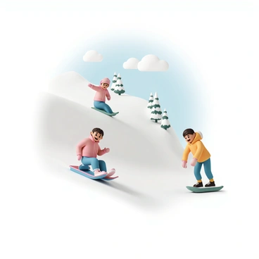 A group of children is happily sledding down a steep, snow-covered hill. One child, wearing a bright red jacket and blue snow pants, is laughing as they slide down on a colorful blue sled. Another child, dressed in a yellow winter coat and pink gloves, is in the foreground, preparing to push off with their green sled. In the background, a few trees are dusted with snow, and the sky is clear with a few fluffy clouds. The scene captures the joy and excitement of winter play.