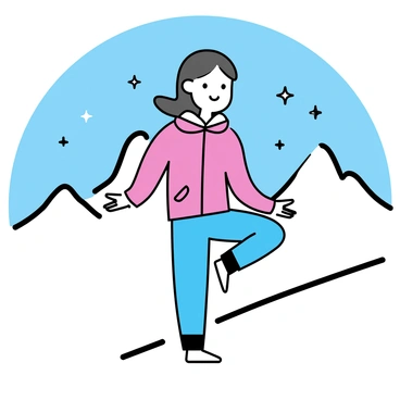 A person wearing a bright red winter jacket and blue snow pants is performing the "thread-the-needle" yoga pose on a snowy mountain slope. The individual is balanced on one leg, with the other leg lifted and bent at the knee, while the arms are extended gracefully. Behind them, snow-covered mountains rise against a clear blue sky. The ground is blanketed in fresh, powdery snow, and a few snowflakes are gently falling around them.