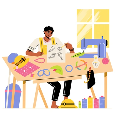 A designer working at a wooden table covered with colorful fabrics and tools. The designer is sketching out ideas for unique accessories, with a variety of samples displayed around. There are bright beaded necklaces, intricate bracelets, and stylish hats, each showcasing different textures and patterns. Sunlight streams through a nearby window, illuminating the workspace and providing a warm atmosphere. A sewing machine sits in the background beside spools of thread in vibrant colors, emphasizing the creative process.