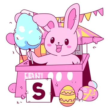 An Osterhase enjoying a carnival, holding a cotton candy alongside Easter egg prizes