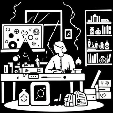 Victor Frankenstein seated at a large wooden desk cluttered with papers, quills, and ink pots, deeply focused on drafting plans for a new invention. A flickering candle casts shadows around the room, highlighting stacks of books filled with scientific discoveries. There are various mechanical components and sketches scattered around the desk, including gears and levers. A chalkboard on the wall displays mathematical equations and diagrams related to his invention. The study is lined with dark wooden shelves filled with jars containing peculiar substances and anatomical models. An open window reveals the silhouette of a stormy night outside, with lightning illuminating the scene intermittently.