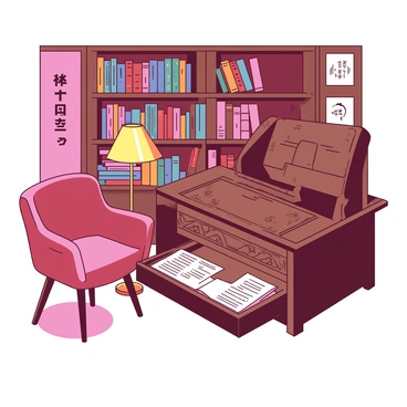 A wooden secretaire with intricate carvings stands in a cozy library nook. The secretaire is slightly open, revealing neatly arranged letters and a small stack of books inside. Surrounding the secretaire are shelves filled with various books, their spines displaying a range of colors and titles. A warm reading lamp with a soft glow is positioned beside the secretaire, casting gentle light over the area. A plush armchair in a complementary color is placed nearby, inviting one to sit down and read.