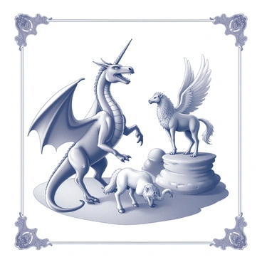 A detailed lithographic illustration featuring several mythical creatures. In the foreground, a dragon with large, leathery wings and sharp claws stands with its mouth open, revealing fierce teeth. Nearby, a unicorn with a spiraled horn grazes on the ground, its mane flowing elegantly. A griffin, with the body of a lion and the wings and head of an eagle, perches on a rocky outcrop, scanning the surroundings. In the background, a mermaid can be seen partially submerged in water, with flowing hair and a shimmering tail. Each creature is intricately detailed, showcasing their unique features and textures. The scene is framed with ornate borders, enhancing the overall composition.