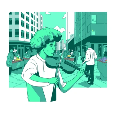 A teal street musician is playing a violin passionately on a busy city sidewalk. The musician has a focused expression, with curly hair and wearing a white shirt. Around him, there are pedestrians walking by, some pausing to listen, while others are engaged in conversation. In the background, tall buildings create a vibrant urban atmosphere, and a few colorful street vendors are visible, with their carts displaying various goods. The scene captures the lively energy of the city and the joy of street performance.
