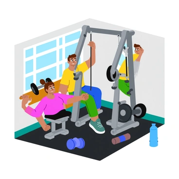 A home gym setup featuring a compact cable crossover machine in use. The machine has adjustable pulleys and is made of sleek black metal. A person is actively exercising, pulling the cables downwards with determination. The gym floor is covered with dark rubber mats, and there is a wall-mounted mirror behind the machine reflecting the workout. Various dumbbells are neatly arranged on a rack nearby, and a water bottle sits on the floor within reach. The room is bright, with natural light coming in from a window, creating a lively atmosphere.