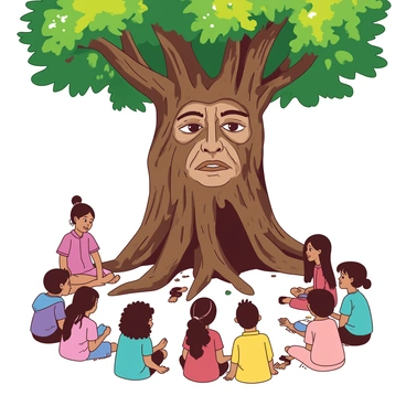 An ancient tree with a thick trunk and gnarled branches has a wise face carved into its bark. The face has deep-set eyes and a gentle smile, exuding wisdom. Around the tree, there is a diverse group of listeners, including children and adults, all seated on the ground, captivated by the tree's storytelling. The listeners display various expressions of wonder and curiosity. The area is filled with vibrant green foliage, and soft rays of sunlight filter through the leaves, creating a serene atmosphere.