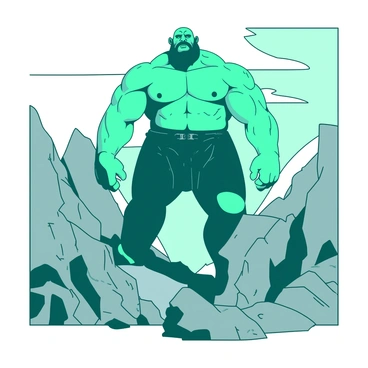 A teal Goliath, towering and muscular, rises dramatically from the rugged earth. The giant’s skin resembles the texture of the rocky landscape, creating a seamless blend with the surrounding boulders and cliffs. Sunlight casts shadows, accentuating the Goliath's powerful physique and the jagged edges of the mountains. Craggy formations of gray rocks encircle the base of the Goliath, further integrating him into the environment. The sky overhead is clear, with a few wispy clouds scattered in the vast expanse.