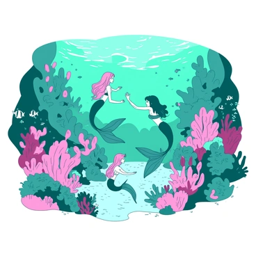 A vibrant underwater kingdom is filled with swirling shades of teal and pink. In the center, a group of elegant mermaids with shimmering tails is swimming gracefully among the coral reefs. The coral formations are densely packed, showcasing a variety of shapes and colors, creating a lively habitat. Schools of small fish dart between the corals, adding movement to the scene. Some mermaids are playing with sea creatures, while others are exploring the intricate structures of the reef. Sunlight filters through the water, casting dappled light onto the sandy ocean floor below.