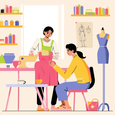 A seamstress with dark hair tied back is focusing intently on a vibrant red dress on her sewing machine. The cozy studio features wooden shelves filled with colorful fabrics, spools of thread, and various sewing tools. Soft light from a window illuminates her workspace, casting gentle shadows. Nearby, a mannequin displays another dress in progress, surrounded by sketches of designs pinned to a corkboard. A cup of tea rests on a small table beside her, adding to the warm atmosphere of creativity.