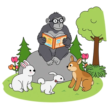 A wise chimpanzee with gray fur and round glasses is sitting on a large rock in a sunny clearing. The chimpanzee holds an open book in its hands, displaying colorful illustrations. Surrounding the chimpanzee are a group of young animals, including a curious rabbit with soft white fur, a playful squirrel with a bushy tail, and a small deer with large eyes, all listening intently. The young animals are sitting on a patch of green grass, and the background features tall trees and vibrant flowers, adding a lively atmosphere to the scene.