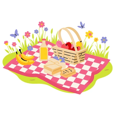 A picnic blanket spread out on the grass in a colorful flower garden features a checkered pattern in red and white. The picnic spread includes a wicker basket filled with various fruits like red apples and yellow bananas. There are neatly arranged sandwiches cut into triangles, a bottle of lemonade with a slice of lemon on the side, and a small stack of cookies. Surrounding the blanket, vibrant flowers in shades of pink, purple, and yellow bloom, adding to the lively atmosphere of the scene. A few butterflies flutter around in the air, enhancing the cheerful ambiance of the summer picnic.