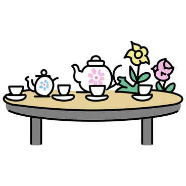 A traditional round wooden table, elegantly arranged for a tea ceremony. The table is set with intricately designed teapots, featuring floral patterns, alongside several delicate porcelain cups with matching saucers. In the background, a well-maintained garden is visible, adorned with a variety of green plants and colorful flowers complementing the tea set. The scene captures the essence of a refined tea experience, emphasizing the beauty of the tea utensils and the natural surroundings.
